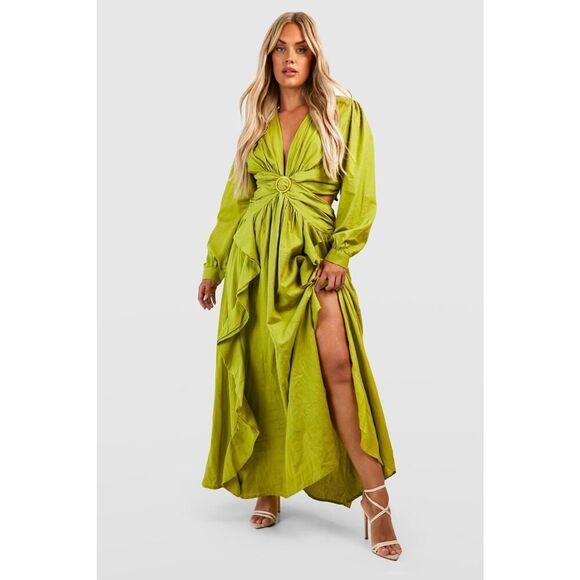 Plus Size Linen Look Olive Cut Out Ruffle Maxi Dress US 20 Long Sleeve Boho - Picture 1 of 16